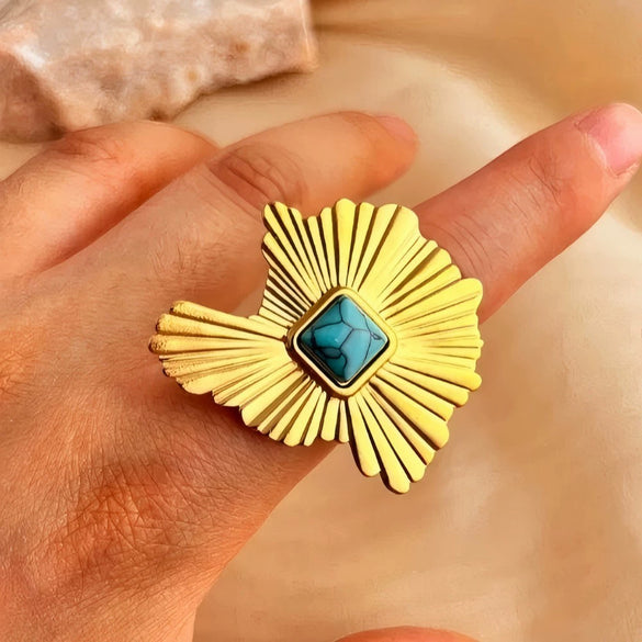 Wholesale Unisex Geometric Real Gold Plated Ruffled Natural Stone Stainless Steel Open Ring That Does Not Fade