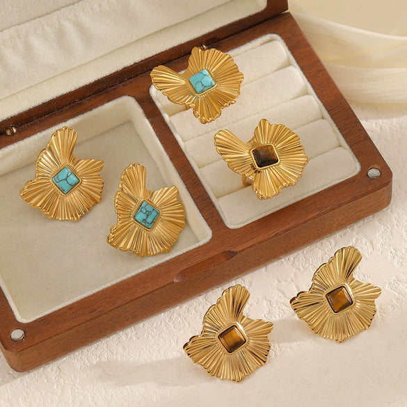 Wholesale Unisex Geometric Real Gold Plated Ruffled Natural Stone Stainless Steel Open Ring That Does Not Fade