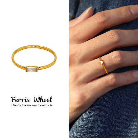 Wholesale Unisex Geometric Rectangular Inlaid Zircon Stainless Steel 18K Gold Plated Fine Ring