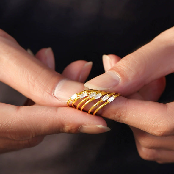 Wholesale Unisex Geometric Rectangular Inlaid Zircon Stainless Steel 18K Gold Plated Fine Ring