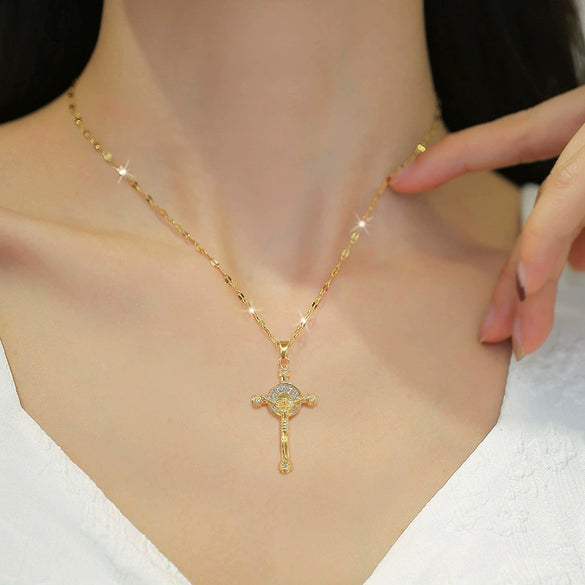 Wholesale Unisex Geometric Stainless Steel And Copper Diamond Necklace With Cross Pendant