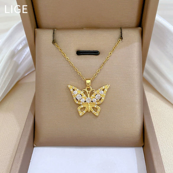 Wholesale Unisex Geometric Stainless Steel And Copper Hollow Butterfly Full Diamond Necklace
