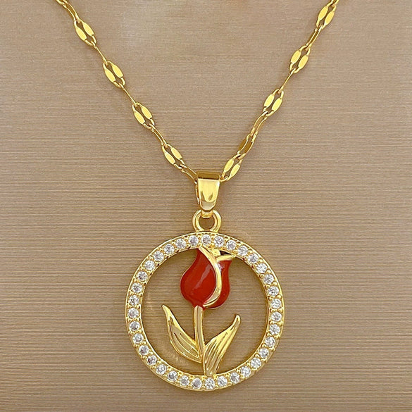 Wholesale Unisex Geometric Stainless Steel And Copper Ring Rose Necklace With Picture Paragraph Chain