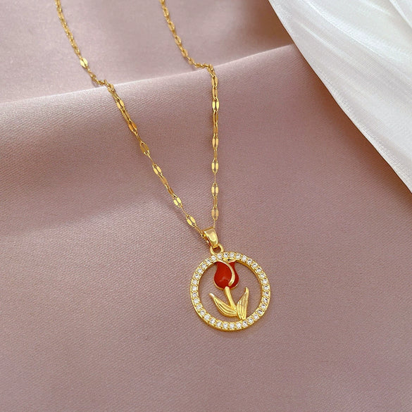 Wholesale Unisex Geometric Stainless Steel And Copper Ring Rose Necklace With Picture Paragraph Chain