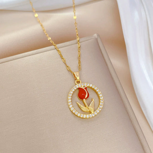 Wholesale Unisex Geometric Stainless Steel And Copper Ring Rose Necklace With Picture Paragraph Chain