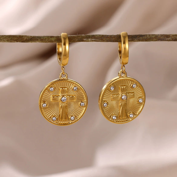 Wholesale Unisex Geometric Stainless Steel And Gold Electroplated Embossed Cross Disc Pendant Earrings