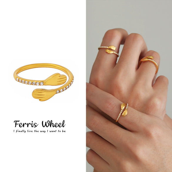 Wholesale Unisex Geometric Stainless Steel And Zircon Electroplated Ferris Wheel Adjustable Ring