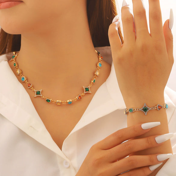 Wholesale Unisex Geometric Star Oval Pattern Zinc Alloy And Copper Electroplated Jewelry Necklace And Bracelet Set