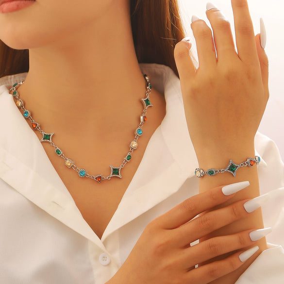 Wholesale Unisex Geometric Star Oval Pattern Zinc Alloy And Copper Electroplated Jewelry Necklace And Bracelet Set