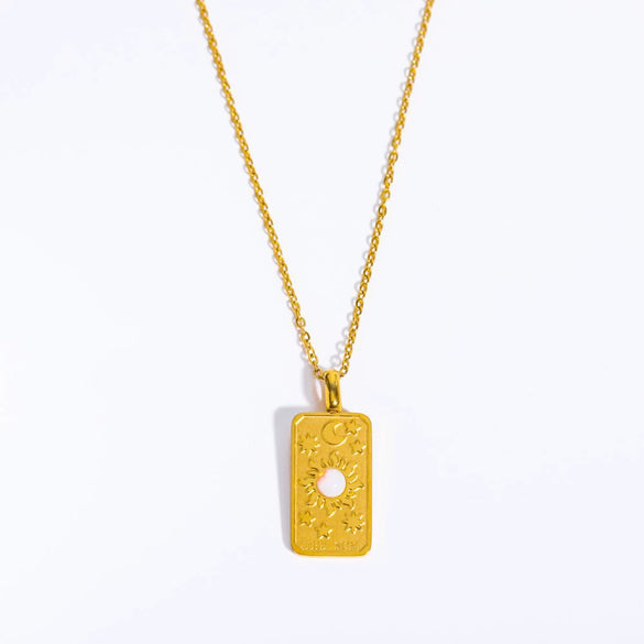 Wholesale Unisex Geometric Star Sun Moon Titanium Steel Necklace With Gold Inlaid Stereo Embossed Opal Pendant And Snake Bone Chain