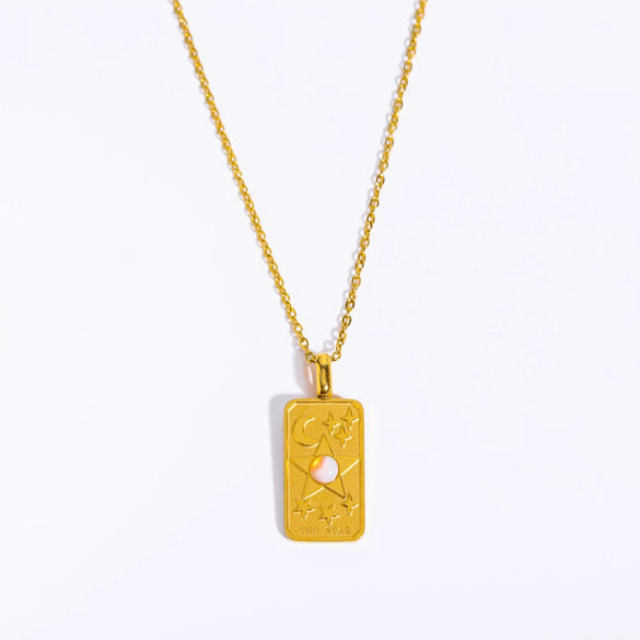 Wholesale Unisex Geometric Star Sun Moon Titanium Steel Necklace With Gold Inlaid Stereo Embossed Opal Pendant And Snake Bone Chain