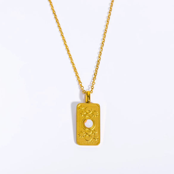 Wholesale Unisex Geometric Star Sun Moon Titanium Steel Necklace With Gold Inlaid Stereo Embossed Opal Pendant And Snake Bone Chain