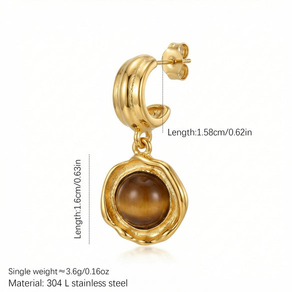 Wholesale Unisex Geometric Tiger Eye Earrings 18K Gold Plated Titanium Steel And Stainless Steel Vintage Minimalist French Retro Style