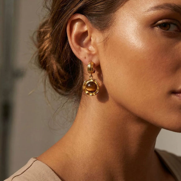 Wholesale Unisex Geometric Tiger Eye Earrings 18K Gold Plated Titanium Steel And Stainless Steel Vintage Minimalist French Retro Style