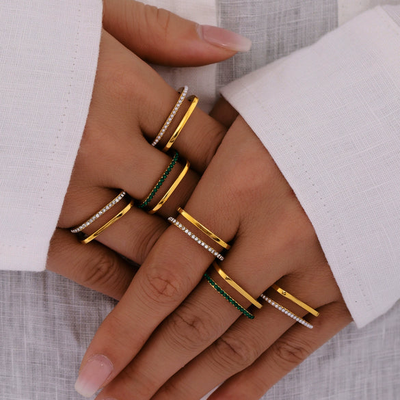 Wholesale Unisex Geometric Titanium Steel And Zircon Goldplated Doublelayer Opening Ring Hand Jewelry