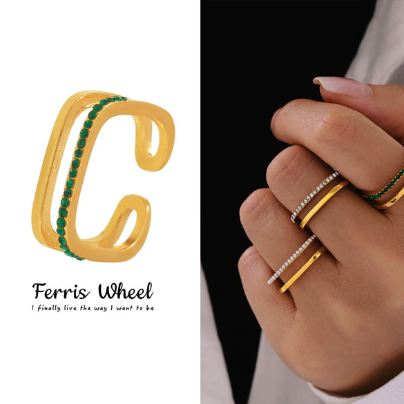 Wholesale Unisex Geometric Titanium Steel And Zircon Goldplated Doublelayer Opening Ring Hand Jewelry