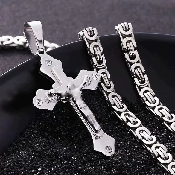 Wholesale Unisex Geometric Titanium Steel Cross Pendant Necklace With Cuban Chain And Polish Finish