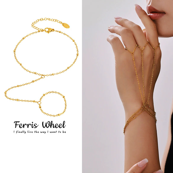 Wholesale Unisex Geometric Titanium Steel Freshwater Pearl Goldplated Ferris Wheel Finger Ring Chain Fashion Jewelry