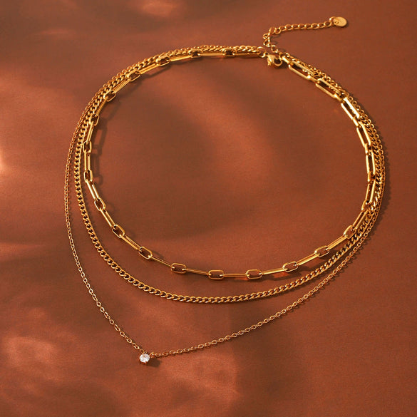 Wholesale Unisex Geometric Titanium Steel Zircon Gold Plated Threelayer Stacking Necklace