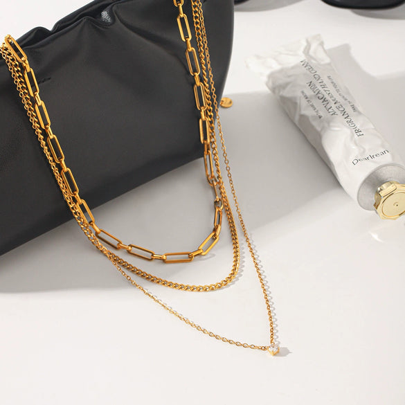 Wholesale Unisex Geometric Titanium Steel Zircon Gold Plated Threelayer Stacking Necklace