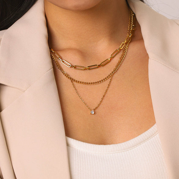 Wholesale Unisex Geometric Titanium Steel Zircon Gold Plated Threelayer Stacking Necklace