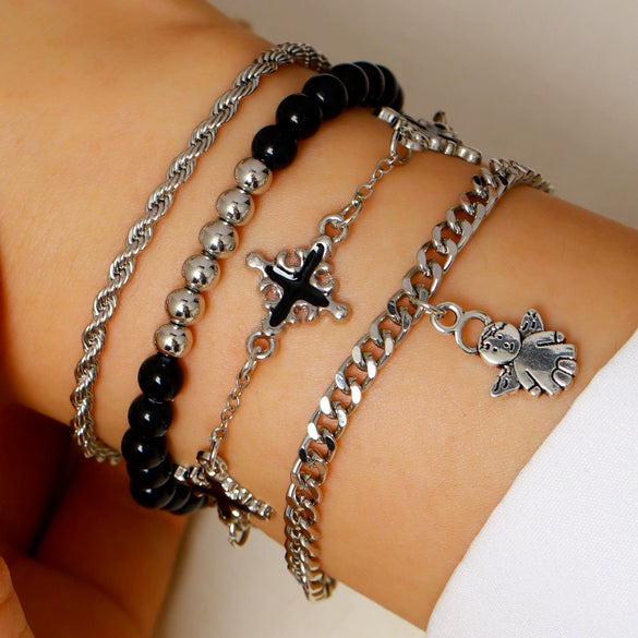 Wholesale Unisex Gold Plated Geometric Iron Retro Cross Multilayered Beaded Bracelet Hiphop Punk Style Jewelry Accessories