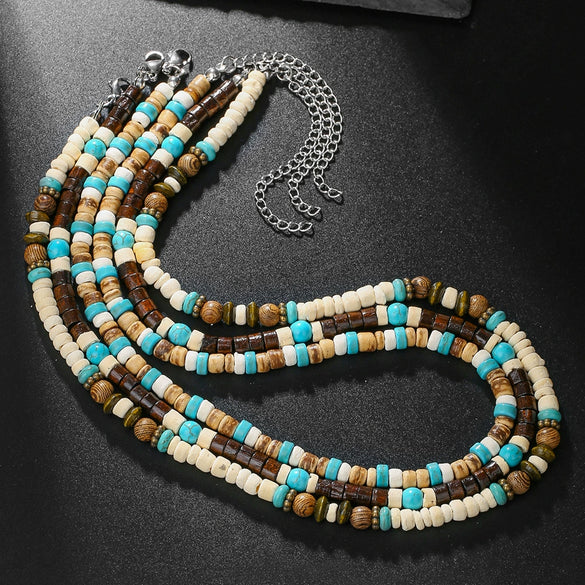Wholesale Unisex Handmade Natural Turquoise Coconut Shell And Wood Beads Geometric Style O Chain Necklace