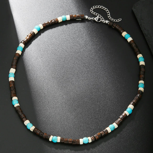 Wholesale Unisex Handmade Natural Turquoise Coconut Shell And Wood Beads Geometric Style O Chain Necklace