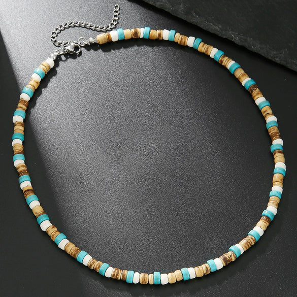 Wholesale Unisex Handmade Natural Turquoise Coconut Shell And Wood Beads Geometric Style O Chain Necklace