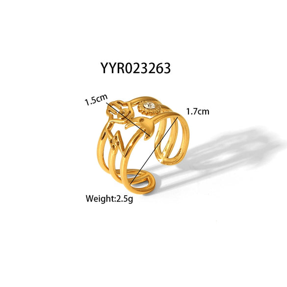 Wholesale Unisex Heart Shaped Opening Adjustable Stainless Steel Ring With Pvd Furnace Real Gold Electroplating