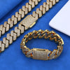 Wholesale Unisex Hip Hop Style Copper Cuban Chain Bracelet And Necklace With Three Rows Of Zircon And Flip Buckle