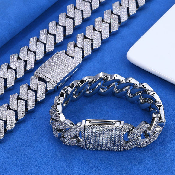 Wholesale Unisex Hip Hop Style Copper Cuban Chain Bracelet And Necklace With Three Rows Of Zircon And Flip Buckle