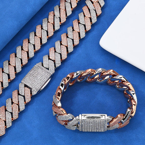 Wholesale Unisex Hip Hop Style Copper Cuban Chain Bracelet And Necklace With Three Rows Of Zircon And Flip Buckle