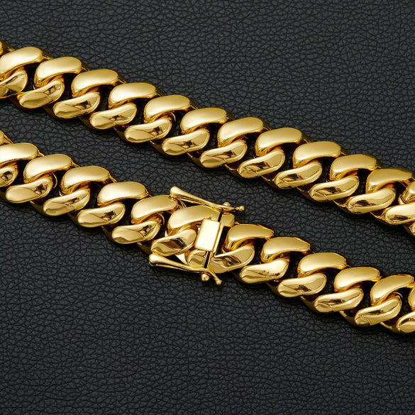 Wholesale Unisex Hiphop Jewelry Stainless Steel Cuban Chain Necklace With Geometric Pattern Vacuum Goldplated