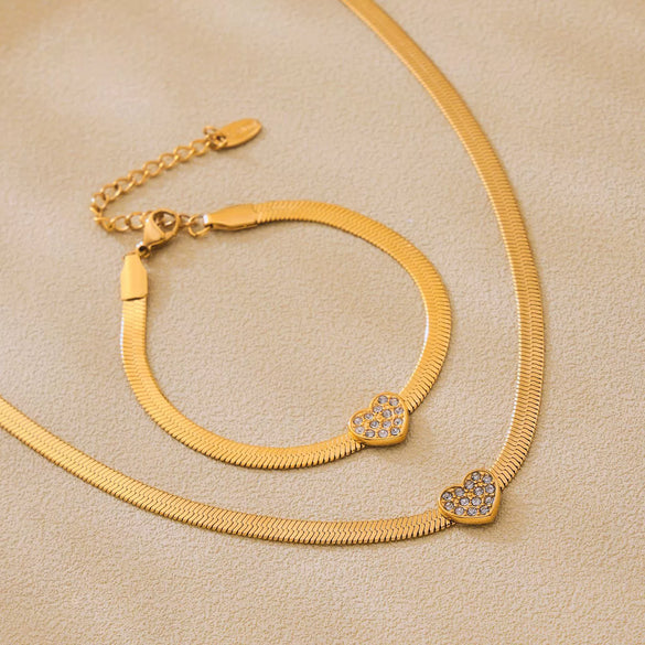 Wholesale Unisex Ins Style Ferris Wheel Titanium Steel Electroplated Snake Bone Chain Bracelet And Love Zircon Necklace Jewelry Set