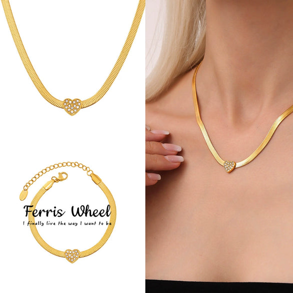 Wholesale Unisex Ins Style Ferris Wheel Titanium Steel Electroplated Snake Bone Chain Bracelet And Love Zircon Necklace Jewelry Set