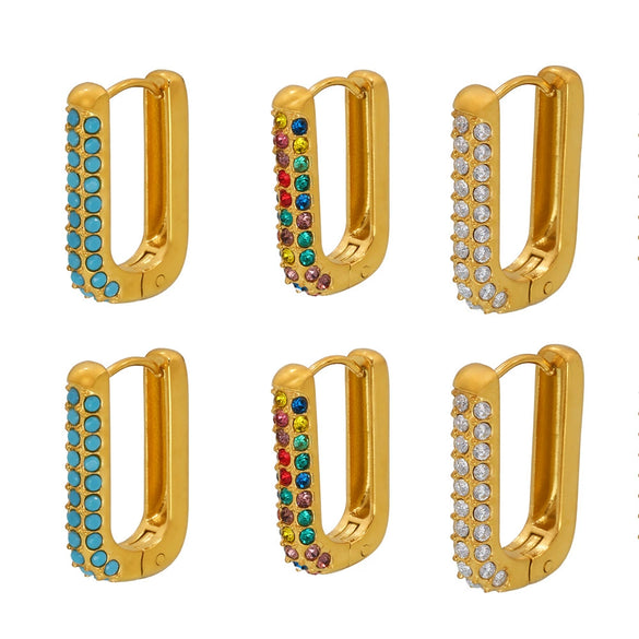 Wholesale Unisex Ins Style Geometric Titanium Steel Zircon Blue Turquoise 18K Gold Plated Earrings