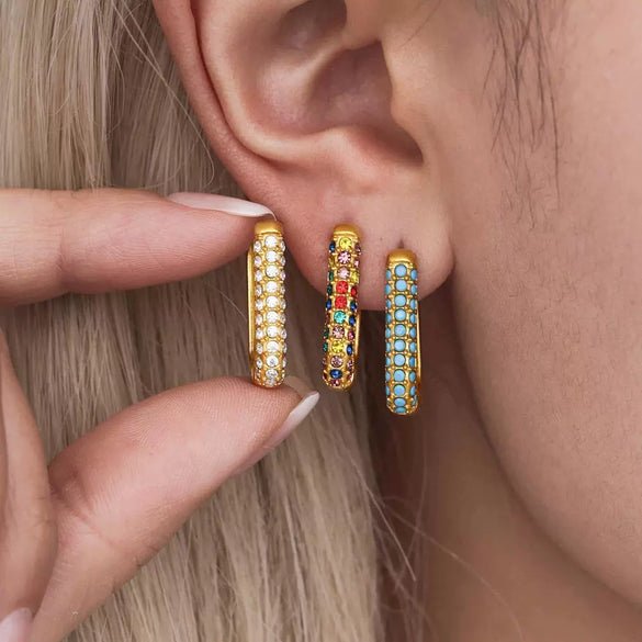 Wholesale Unisex Ins Style Geometric Titanium Steel Zircon Blue Turquoise 18K Gold Plated Earrings