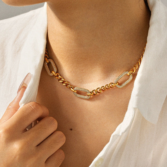 Wholesale Unisex Ins Style Stainless Steel Geometric Pattern Necklace With Diamonds And Zircons Electroplated Cuban Link Chain