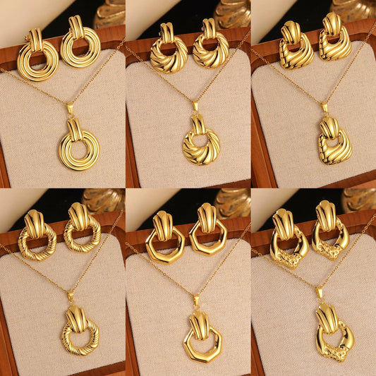 Wholesale Unisex Irregular Hollow Geometric Stainless Steel Earrings And Pendant Necklace With Electroplating