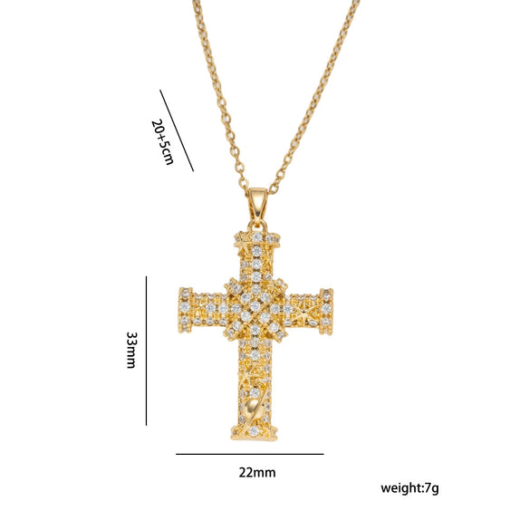 Wholesale Unisex Light Luxury Geometric Gold Plated Copper Zircon Cross Pendant Necklace With O Word Chain