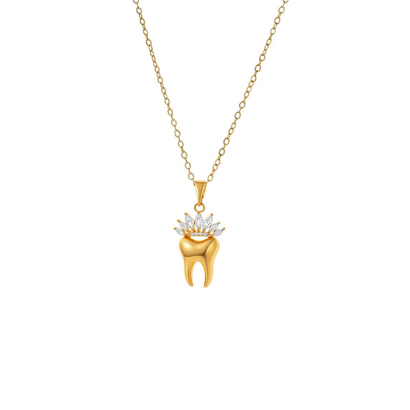 Wholesale Unisex Light Luxury Geometric Heart Tooth Shaped Diamond Studded Copper Zircon Inlaid 18K Real Gold Plated Necklace With Oshaped Chain