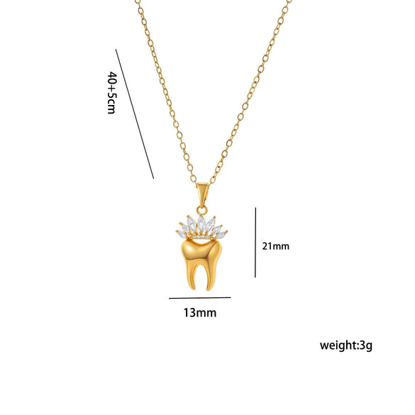 Wholesale Unisex Light Luxury Geometric Heart Tooth Shaped Diamond Studded Copper Zircon Inlaid 18K Real Gold Plated Necklace With Oshaped Chain