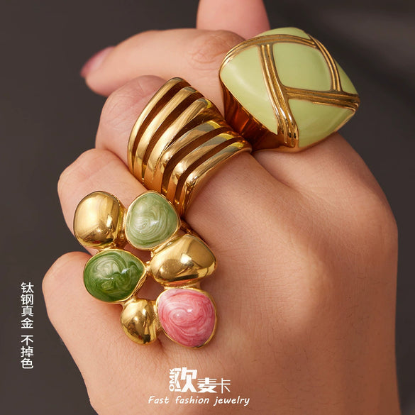 Wholesale Unisex Light Luxury Geometric Stainless Steel Goldplated Dripglazed Ring