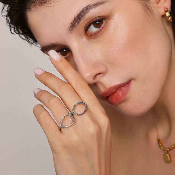 Wholesale Unisex Light Luxury Geometric Titanium Steel Electroplated Cnc Inlaid Zircon Ferris Wheel Water Drop Adjustable Side Opening Ring