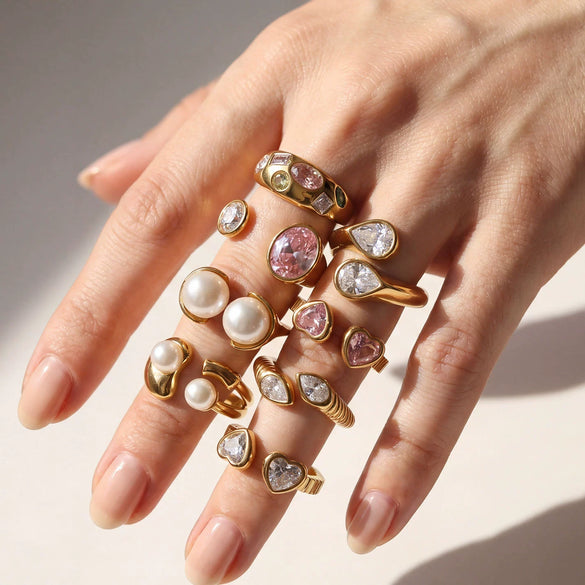 Wholesale Unisex Light Luxury Retro Geometric Zircon Ring Set 18K Gold Plated Adjustable Open Design