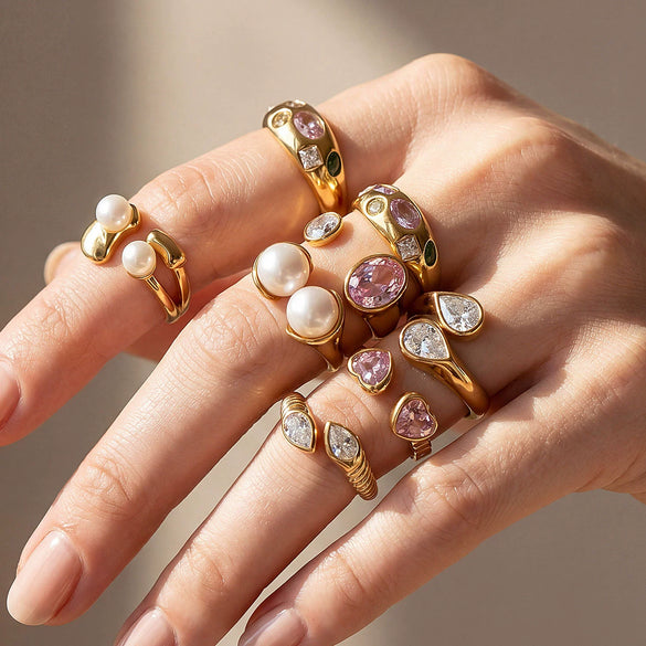 Wholesale Unisex Light Luxury Retro Geometric Zircon Ring Set 18K Gold Plated Adjustable Open Design