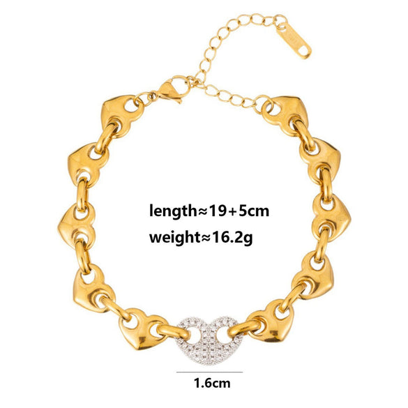 Wholesale Unisex Maillard Style Heart Shape Stainless Steel Electroplated Spliced Necklace And Bracelet