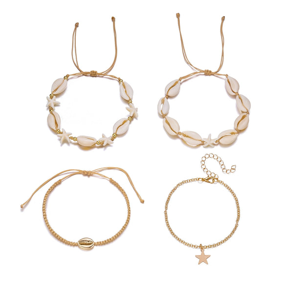 Wholesale Unisex Minimalist Geometric Alloy Beaded Anklet Set With Starfish And Conch Design