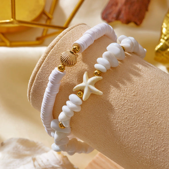 Wholesale Unisex Minimalist Geometric Alloy Beaded Anklet Set With Starfish And Conch Design